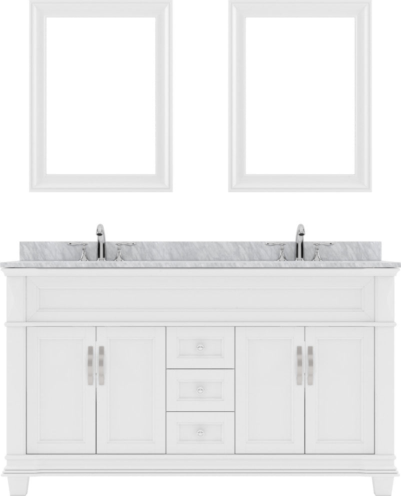 Virtu Victoria 60" Double Bathroom Vanity, White With Faucet and Mirrors