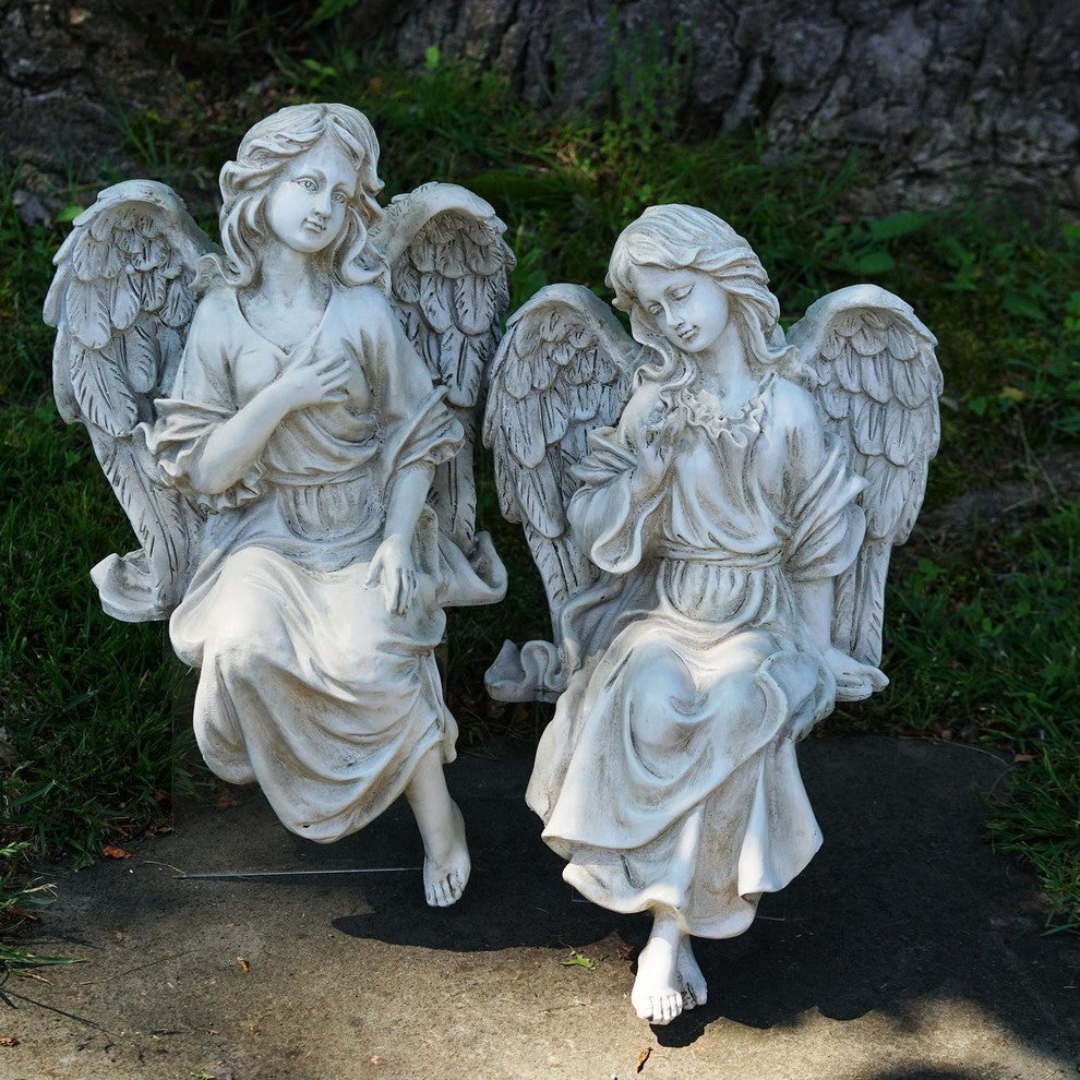 Set of 2 Decorative Sitting Angel Outdoor Garden Statues 14"