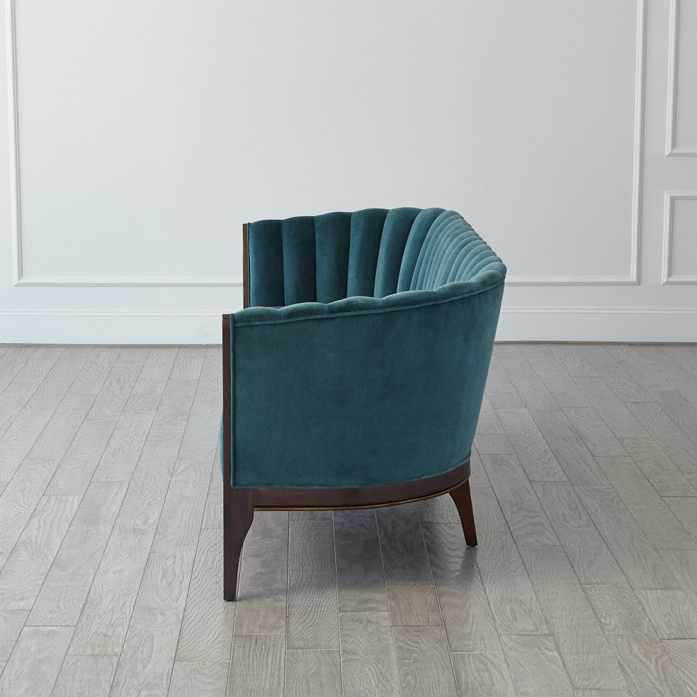 Dragonfly Aqua Blue Velvet Channel Back Sofa Vintage Style Retro Curved 3 Seat