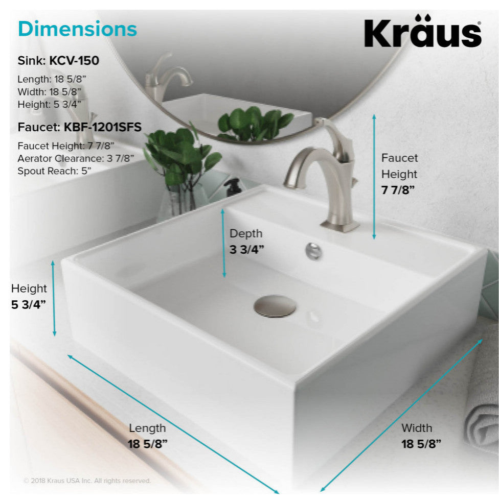 Elavo Square Ceramic Vessel Sink, Bathroom Arlo Faucet, Drain, SFS Stainless