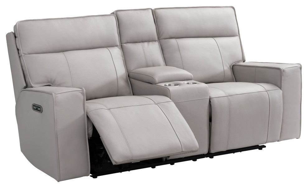 Logan Leather Power Reclining Console Loveseat With Power Headrest, Light Gray