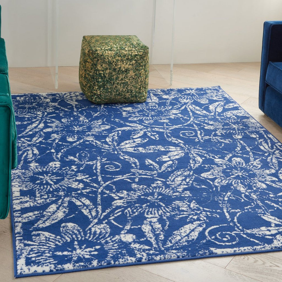 6' X 9' Navy Blue Floral Dhurrie Area Rug