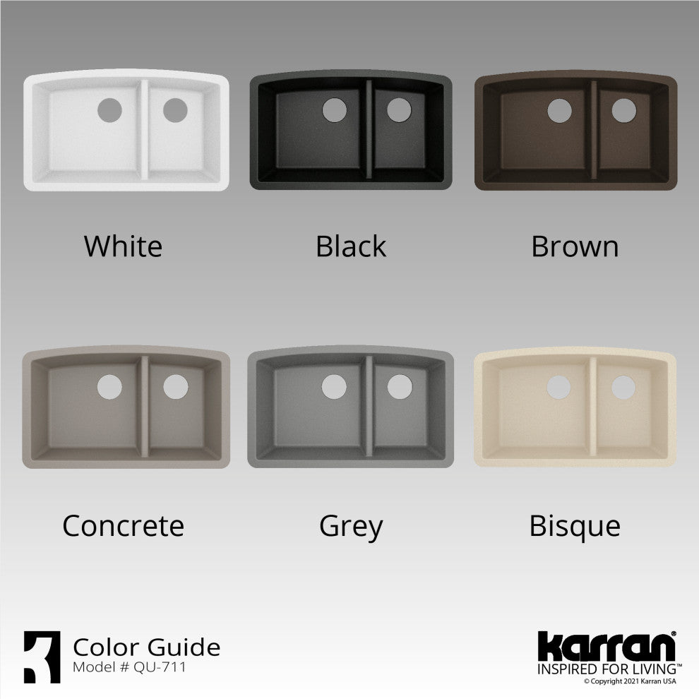 Karran Undermount Quartz 32" 60/40 Double Bowl Kitchen Sink Kit, Grey