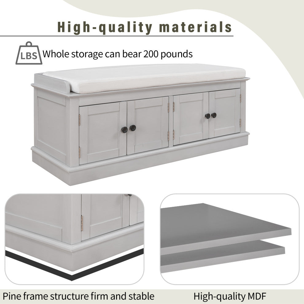 TATEUS 42" Wooden Storage Bench With 4 Doors and Adjustable Shelves for Entryway, Gray Wash