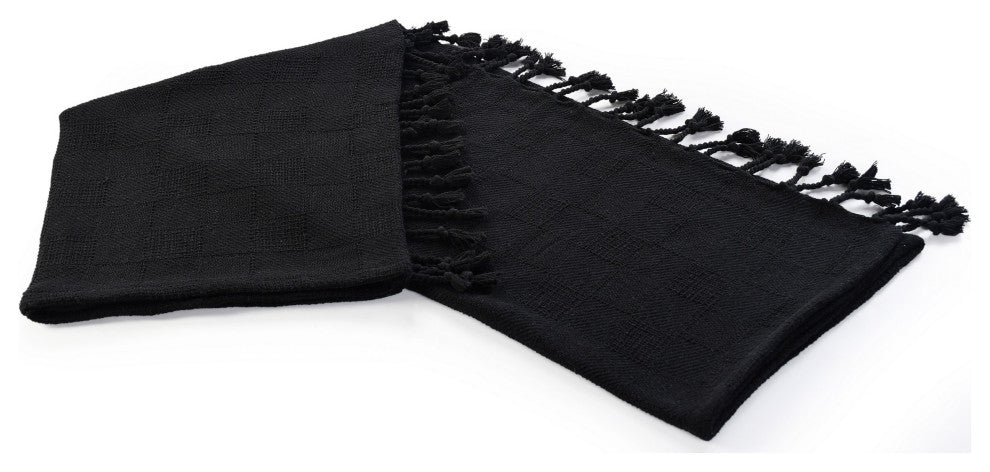 Checkered Weave Throw Blanket with Fringe, Jet Black