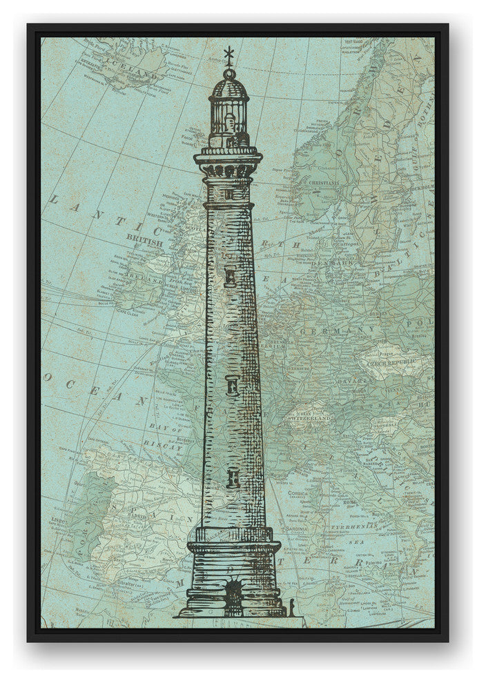 Lighthouse Coastal Map 24x36 Black Floating Framed Canvas