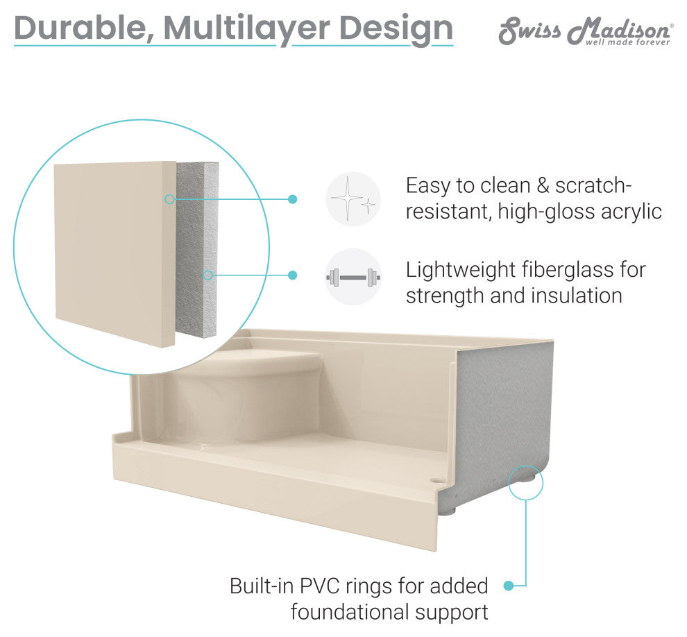 Aquatique 60"x32" Shower Base With Left Hand Drain, Biscuit