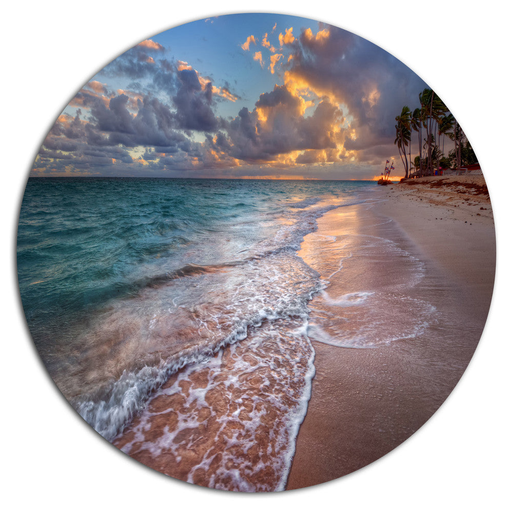 Palm Trees On Clear Sandy Beach, Seashore Art Disc Metal Wall Art, 36"