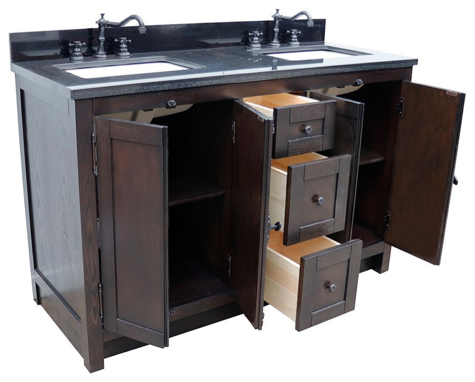 55" Double Vanity, Brown Ash Finish With Black Galaxy Top