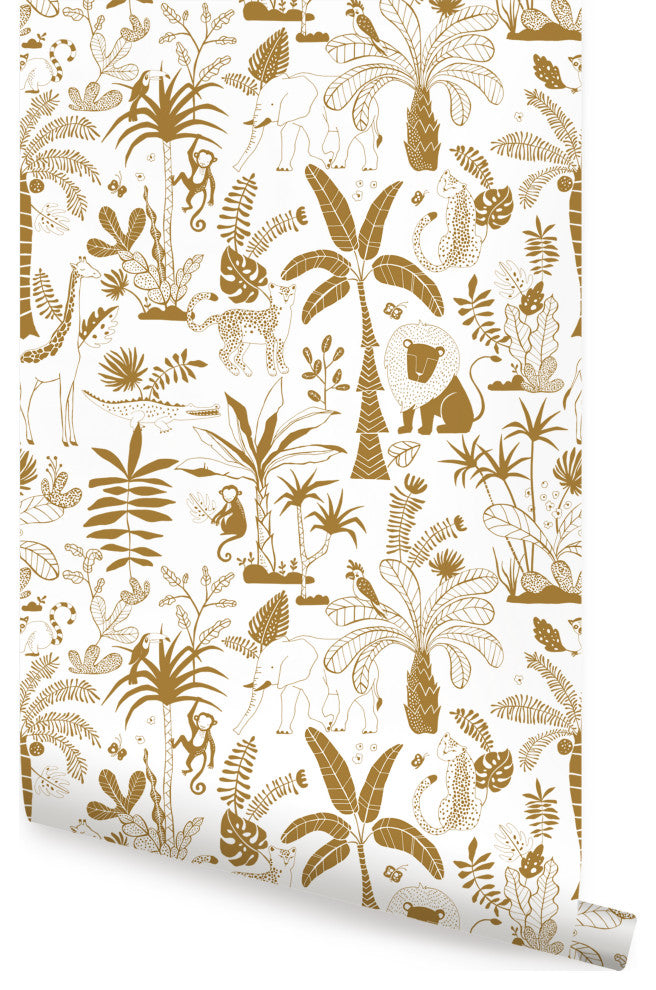 Safari Jungle Illustration Peel and Stick Vinyl Wallpaper, Gold, 24"x108"