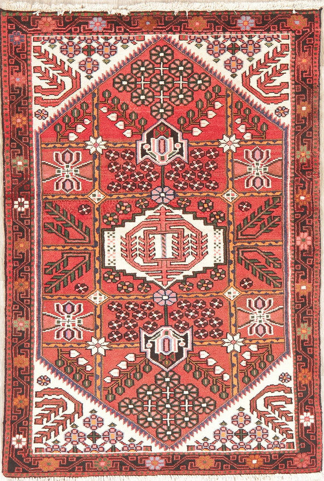 Consigned, Handmade Hamedan Wool Persian Oriental Area Rug, Red, 4'11"X3'4"