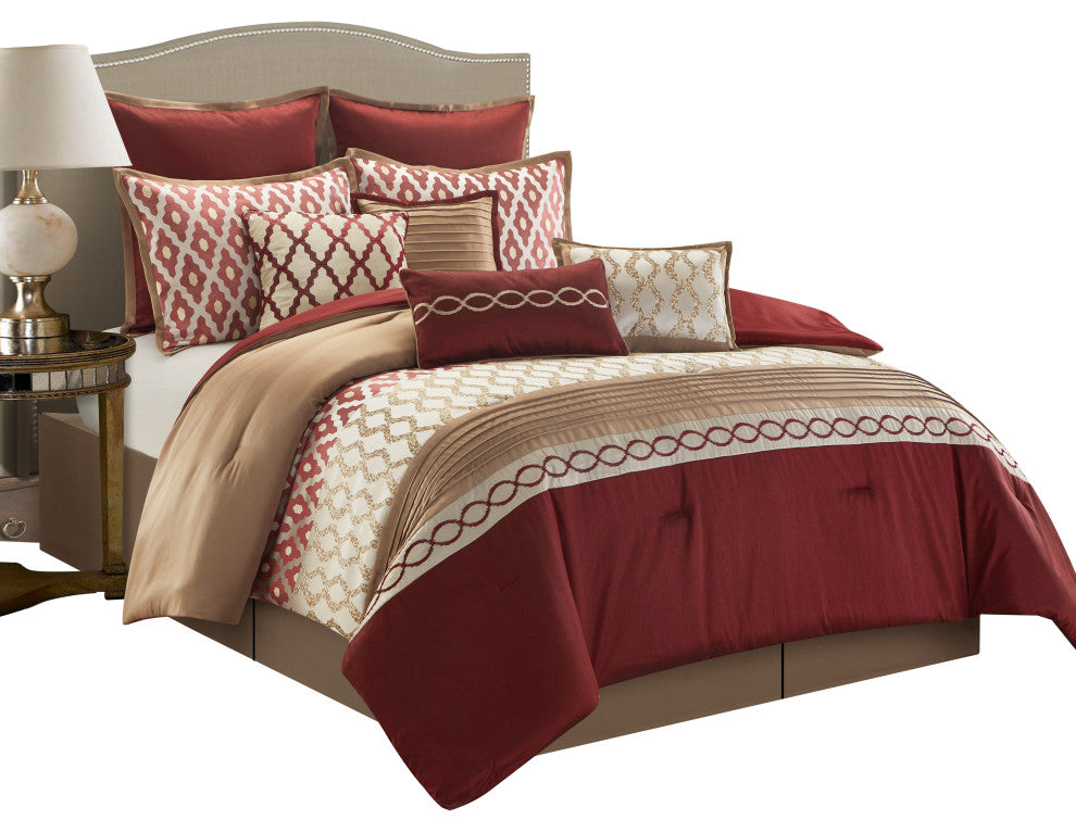 Caval Jacquard 10 Piece Comforter Set, Red, King