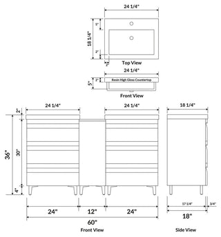 60" Freestanding White Vanity Set With Two Sinks, LV8-C13B-60W, Style 8