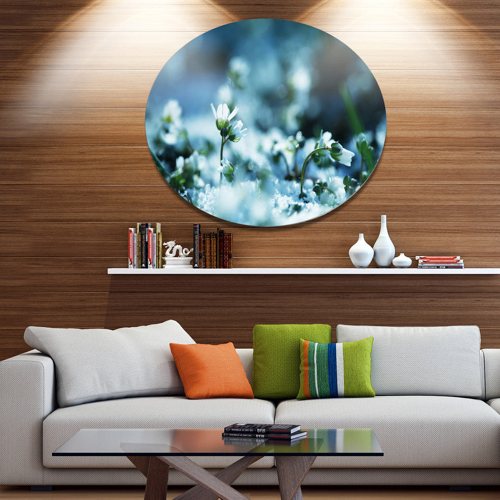 White Flowers On Blue Background, Modern Flower Round Wall Art, 36"