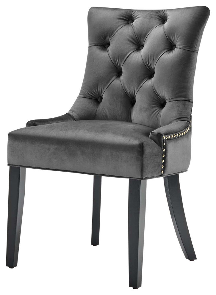 Tufted Side Dining Chair, Set of 2, Velvet, Wood, Dark Gray, Modern, Bistro