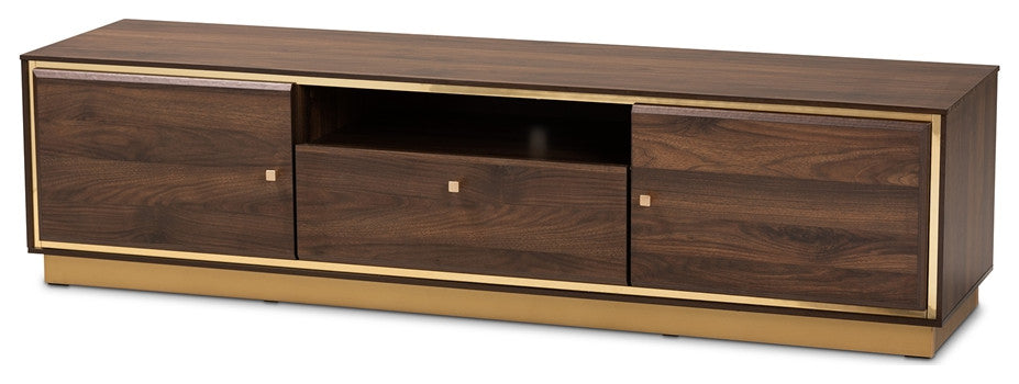Mid-Century Modern Walnut Brown Finished Wood Gold Metal 2-Door TV Stand