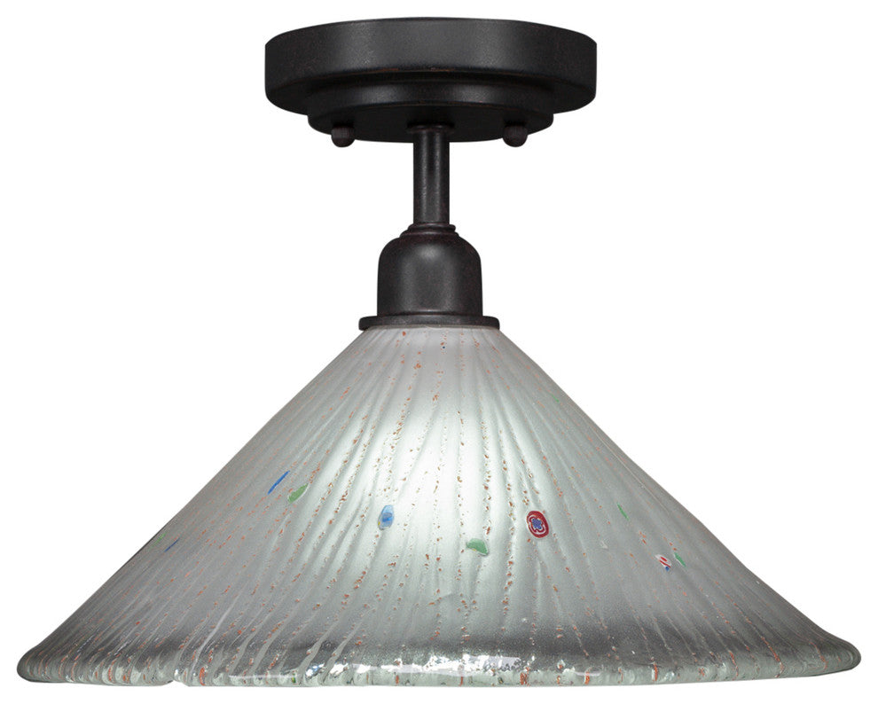 Vintage 1 Bulb Semi-Flush In Dark Granite, 12" Frosted Crystal Glass