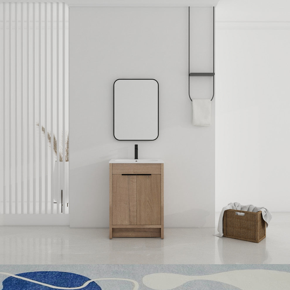 Single Vanity, Neutral Finish With Solid Surface Resin White Sink, 24"