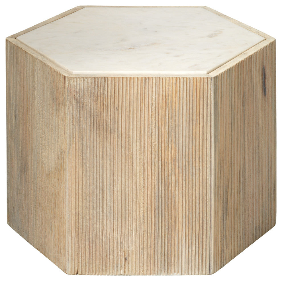 Medium Argan Hexagon Table, Natural Wood and White Marble