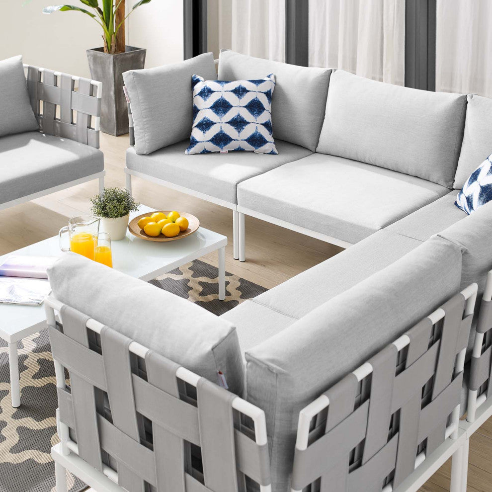 Lounge Sectional Sofa Chair Table Set, Sunbrella, Aluminum, Gray, Outdoor