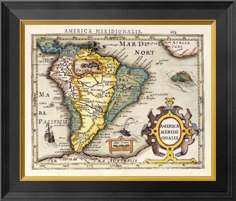 "Map of South America" Framed Canvas Giclee by Gerard Mercator, 20x17"