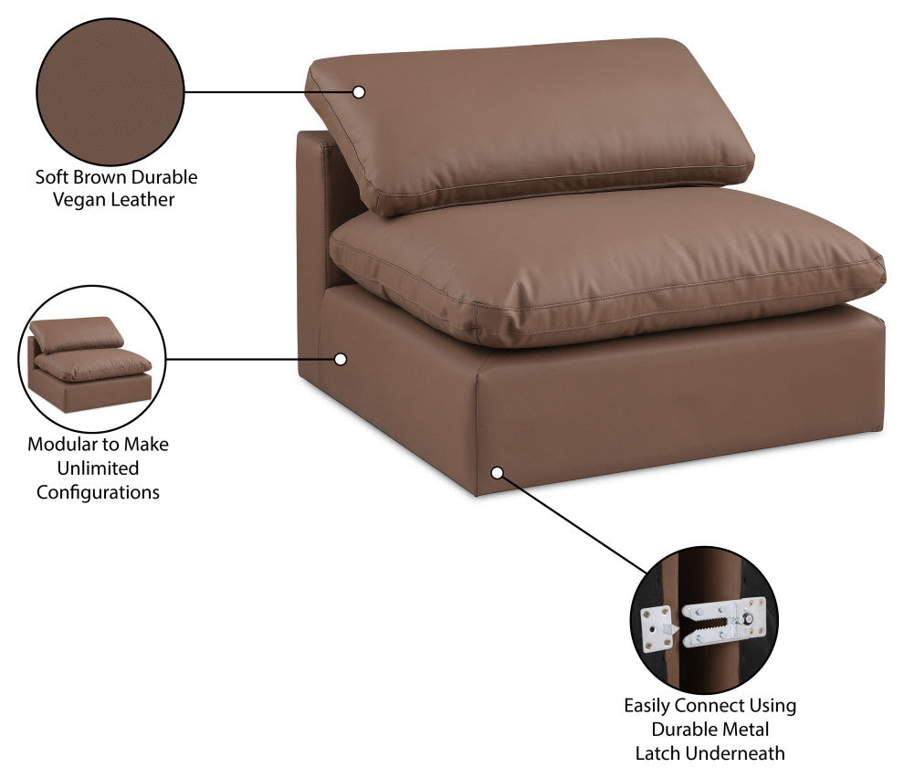 Comfy Beige Linen Textured Fabric Modular Chair, Brown, Vegan Leather, Armless Chair