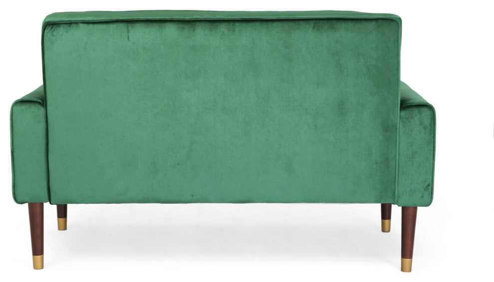 Aubrie Tufted Velvet Loveseat With Gold Tipped Tapered Legs, Emerald, Gold Finish