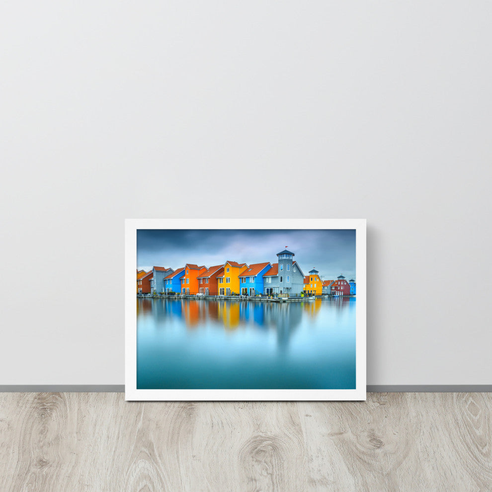 Blue Morning at Waters Edge Landscape Framed Photo Paper Wall Art Prints, White, 12" X 16"