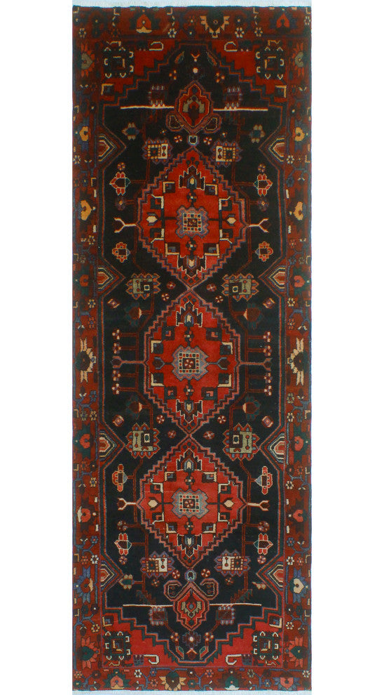 Fine Vintage Distressed Kameron Charcoal/Burgundy Runner, 3'7 x 9'11