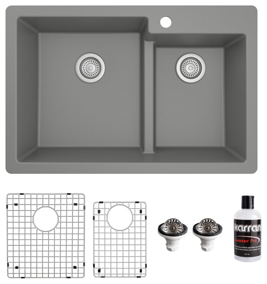 Karran 33" Top Mount Double Bowl 60/40 Quartz Kitchen Sink Kit, Grey