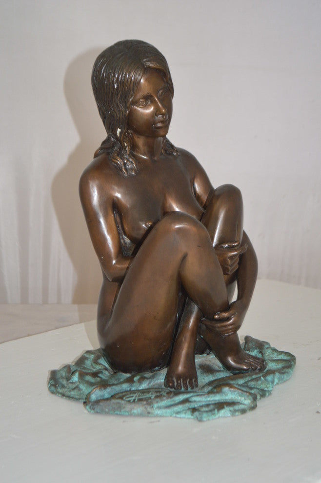 Sitting Nude Girl Bronze Statue -  Size: 12"L x 10"W x 14"H.