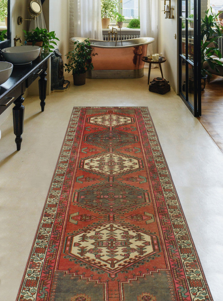 Fine Vintage Distressed Flora Rust/Ivory Runner, 2'10x10'2