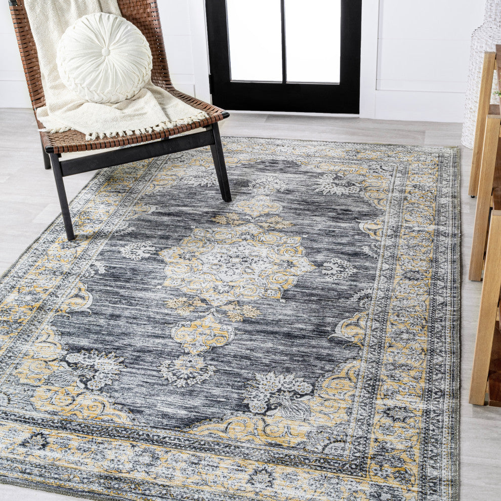 Bausch Distressed Chenille Washable Dark Gray/Yellow 4 ft. x 6 ft. Area Rug