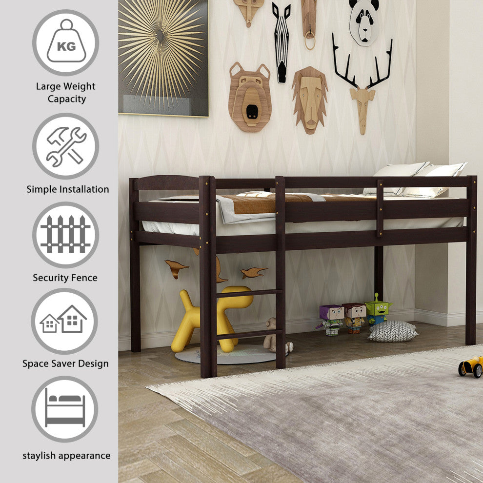 Gewnee Wood Twin Low Loft Bed with Ladder in Espresso