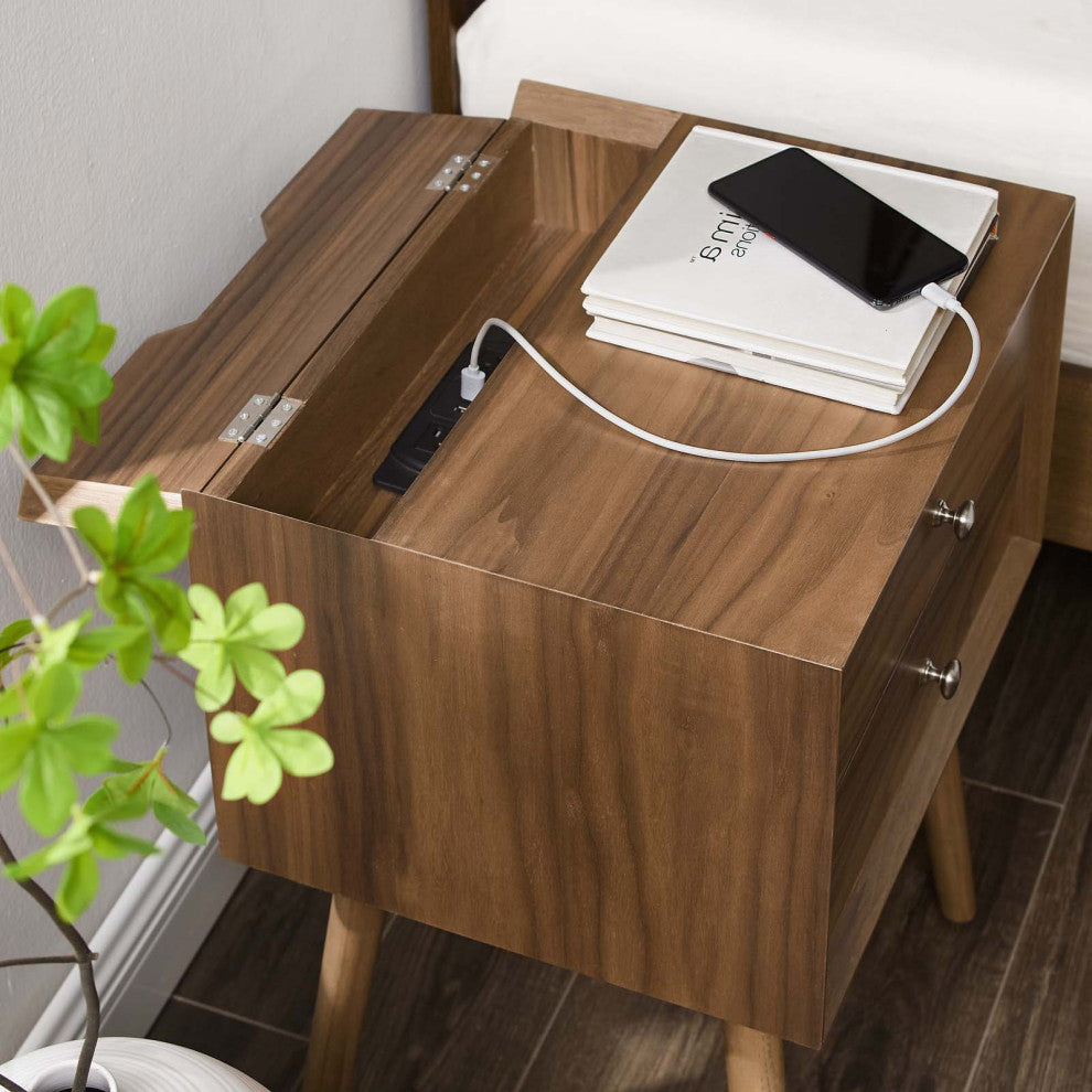 Nightstand Side End Table With USB, Wood, Brown Walnut, Modern Living Room