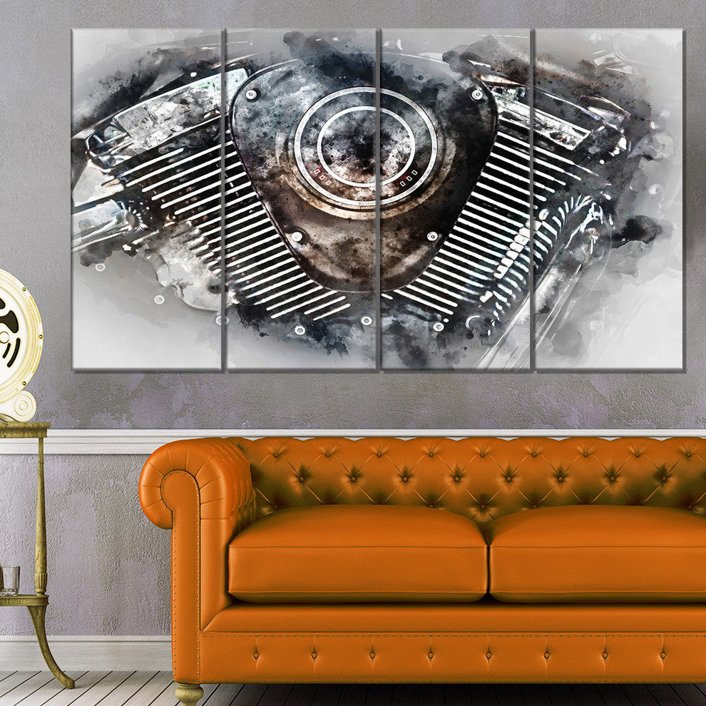 Motorcycle Engine Watercolor, Contemporary Canvas Art Print, 48"x28", 4 Panels