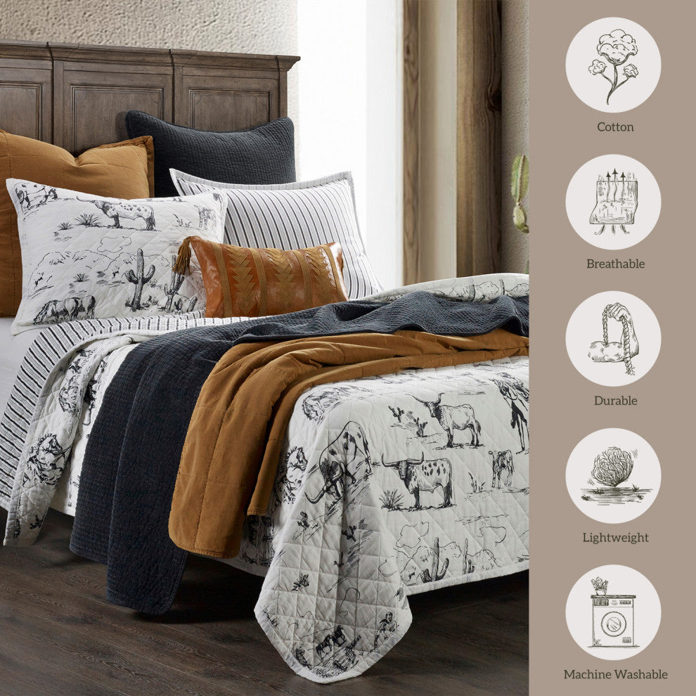 3-Piece Ranch Life Western Toile Reversible Quilt Set, Twin