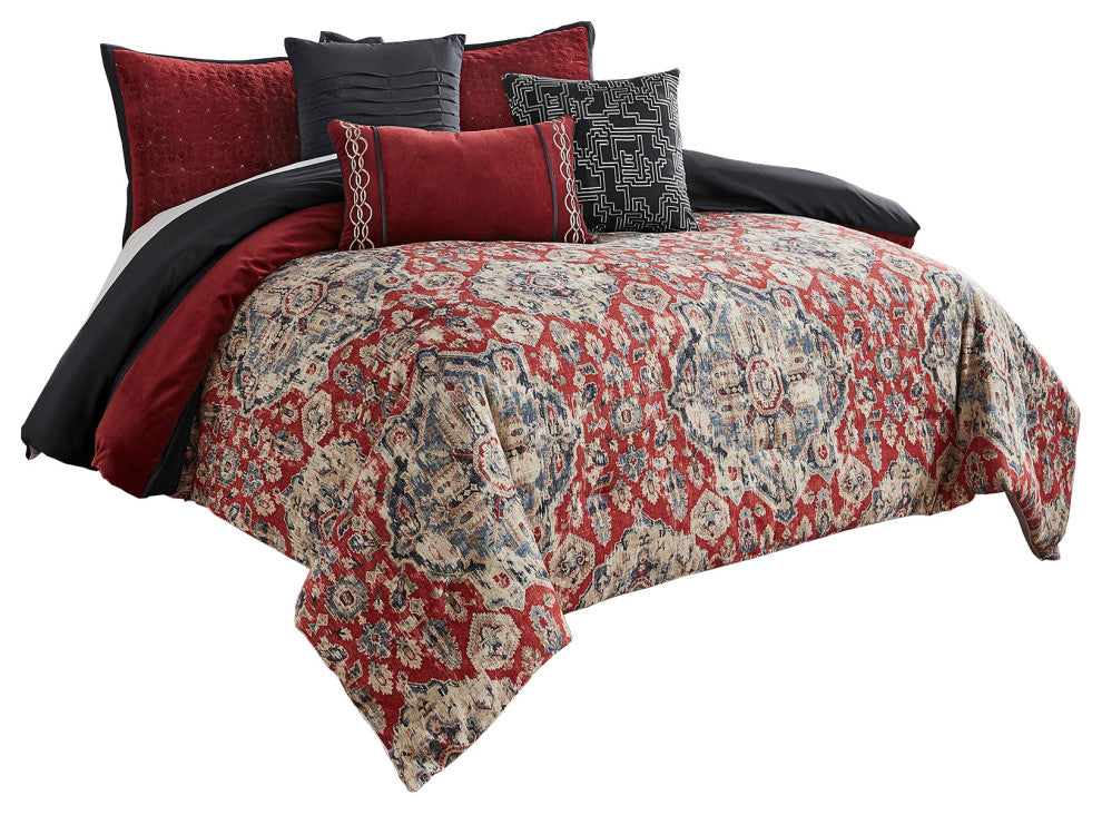 Benzara BM225195 10 Piece King Size Comforter Set with Medallion Print, Red/Blue