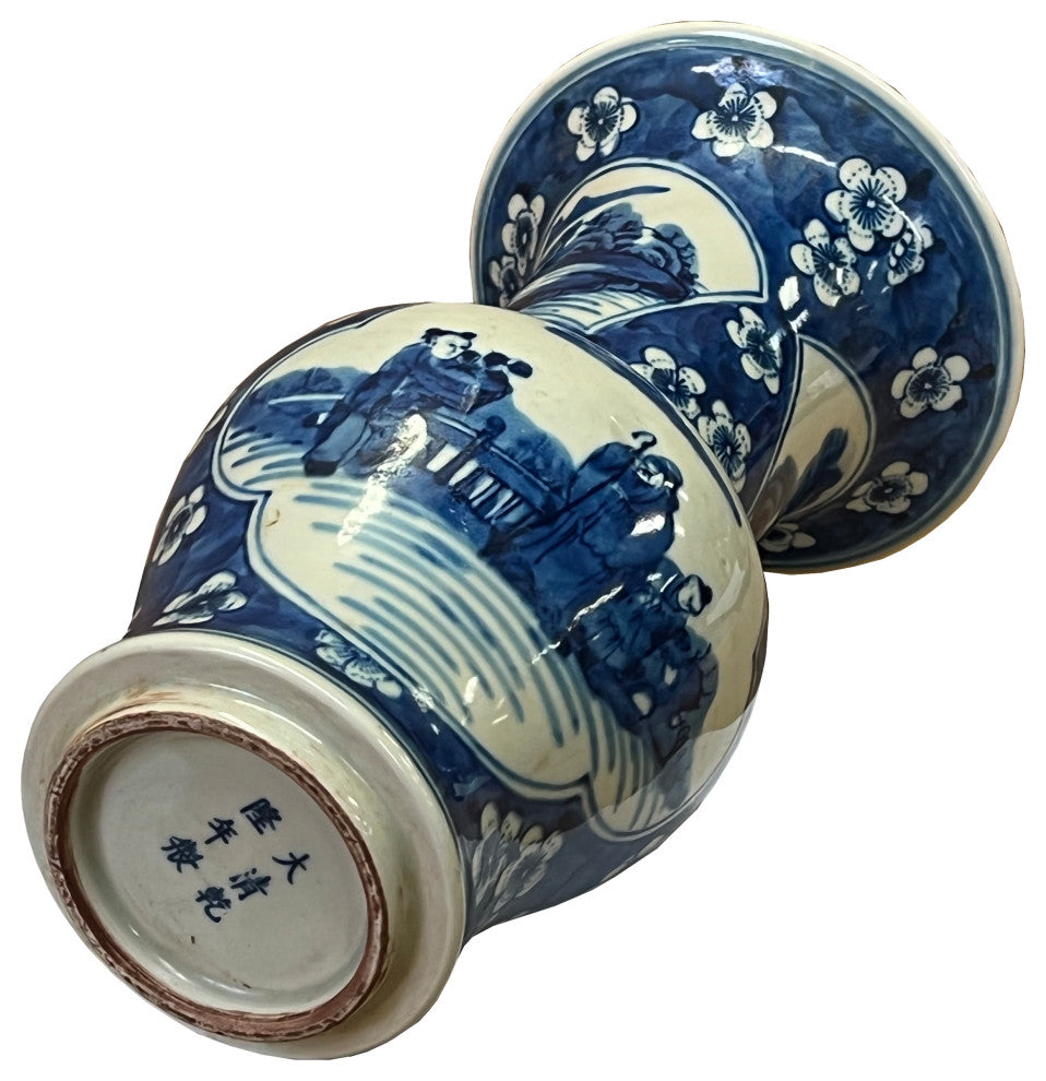 Vintage Chinese Blue White Porcelain Scenery Wide Mouth Vase Hws2512