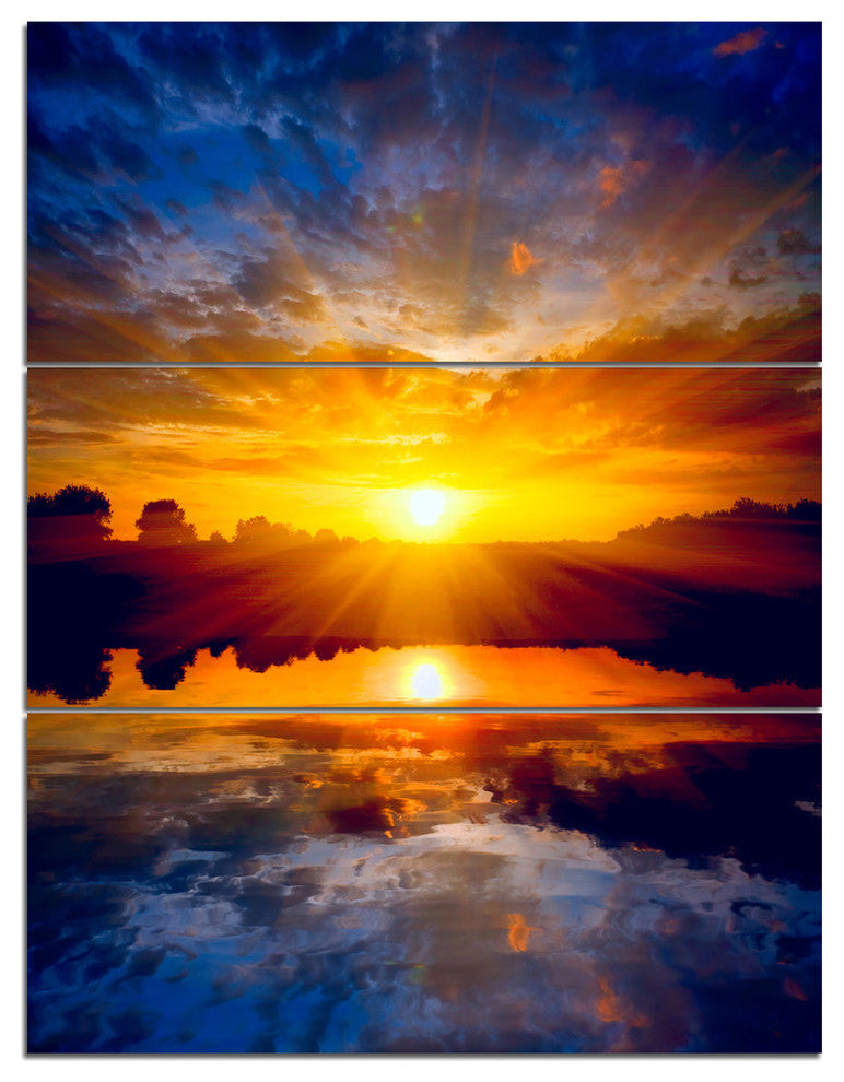"Bright Yellow Sunset Over Lake" Metal Wall Art, 3 Panels, 28"x36"