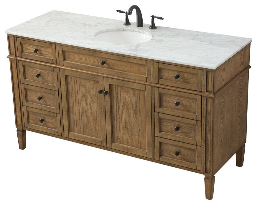 Home Living Vanity with Carrara White Marble Countertop, Driftwood, 60", Single Sink