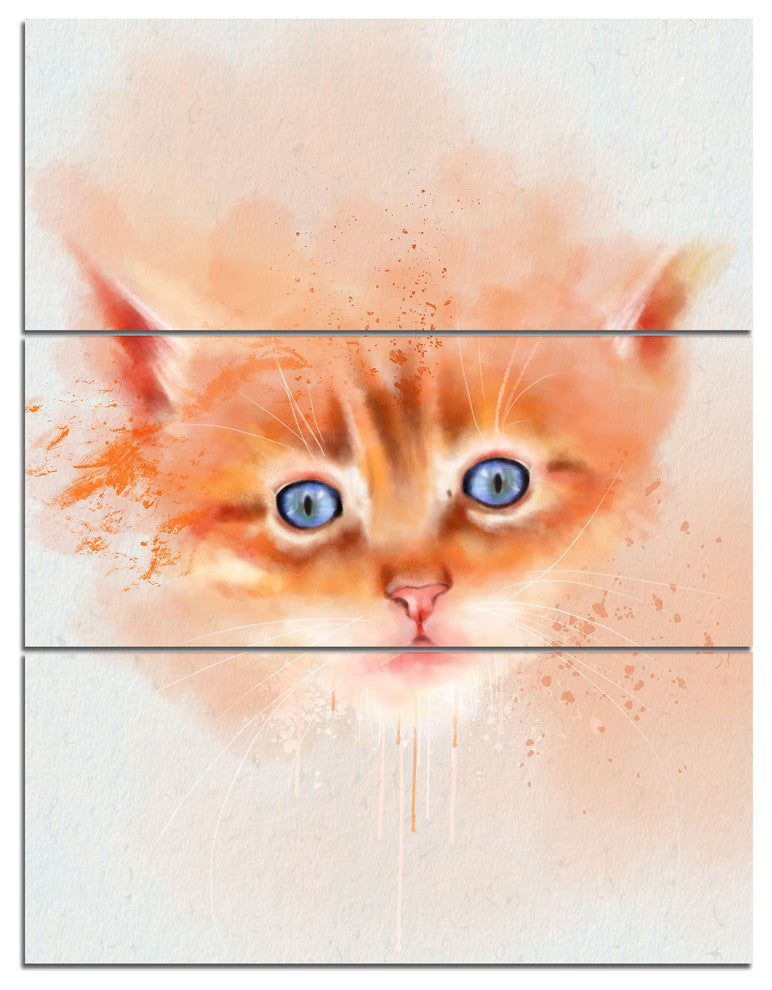 Cute Brown Cat Watercolor, Animal Triptych Canvas Art Print, 28x36, 3 Panels
