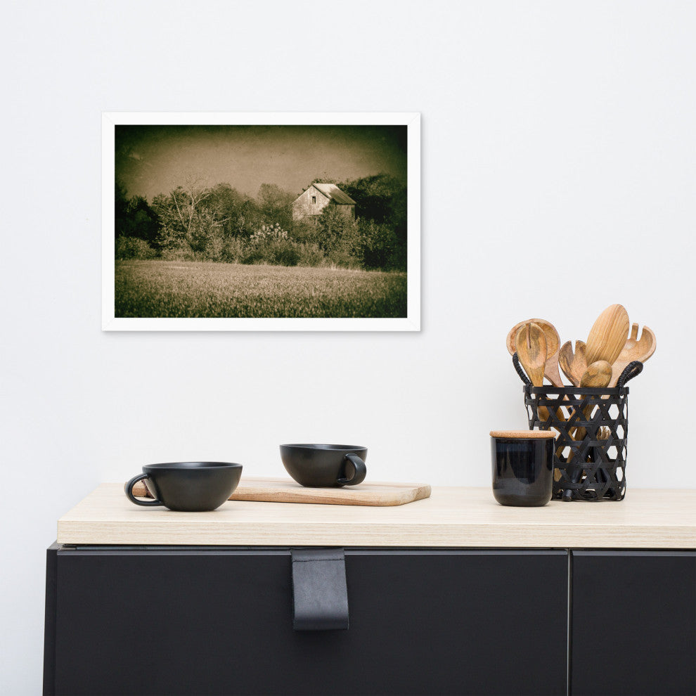 Abandoned Barn In The Trees Vintage Framed Photo Paper Wall Art Prints, White, 12" X 18"
