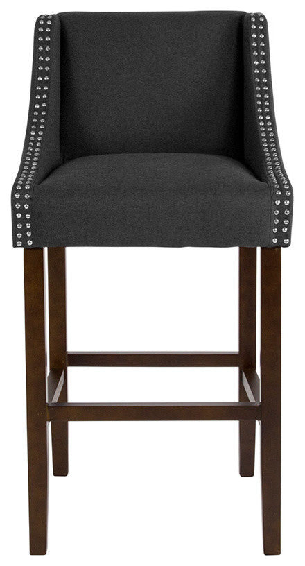 Carmel Series 30" High Transitional Walnut Barstool With Accent Nail Trim, Black