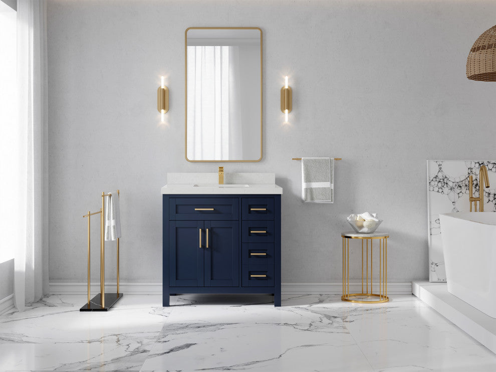 Cambridge 36 Center Sink Bath Vanity in Hale Navy Blue 2" Carrara Quartz