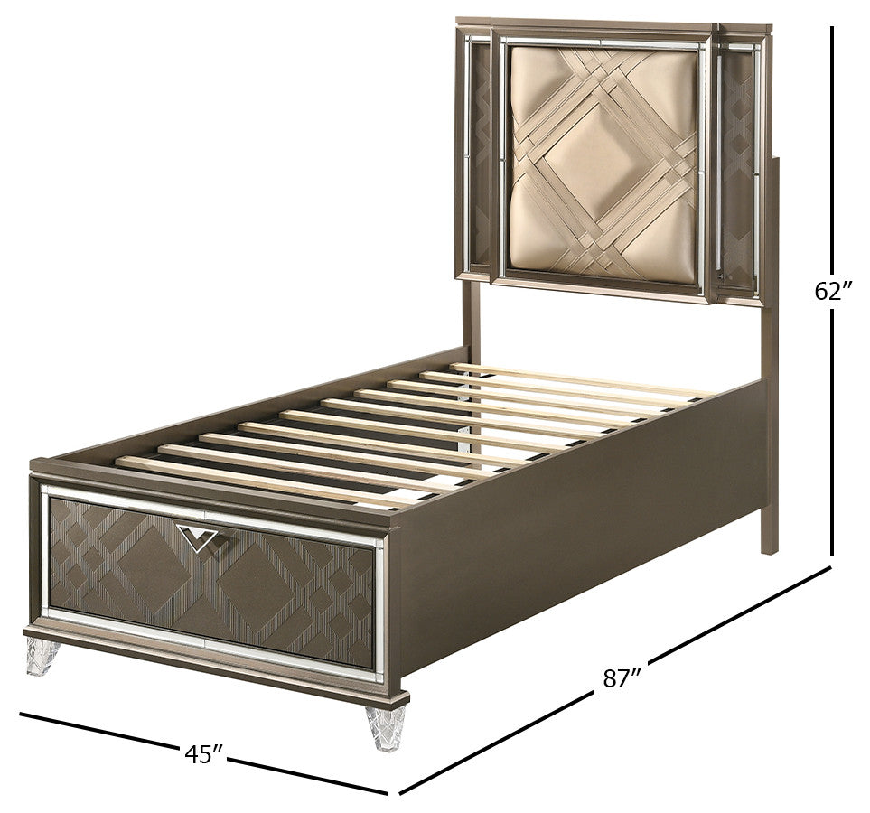 ACME Skylar Twin Bed With Storage, LED, PU and Dark Champagne