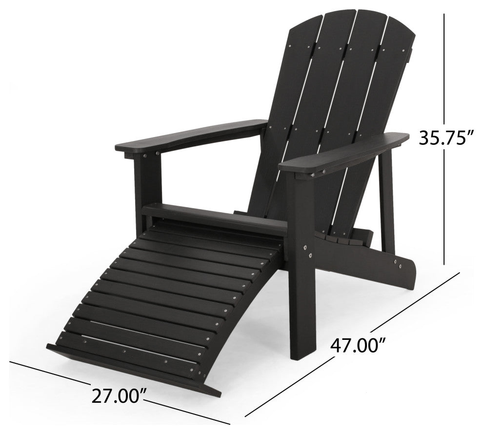 Ulises Outdoor Faux Wood Adirondack Chair With Retractable Ottoman, Black