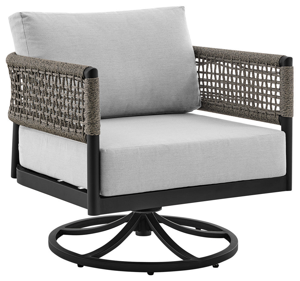 Felicia Outdoor Patio Swivel Rocking Chair in Black Aluminum and Grey Rope...