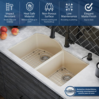 Karran Undermount Quartz 32" 60/40 Double Bowl Kitchen Sink Kit, Bisque