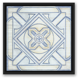 Blue and White Watercolor Tile 16x16 Black Floating Framed Canvas